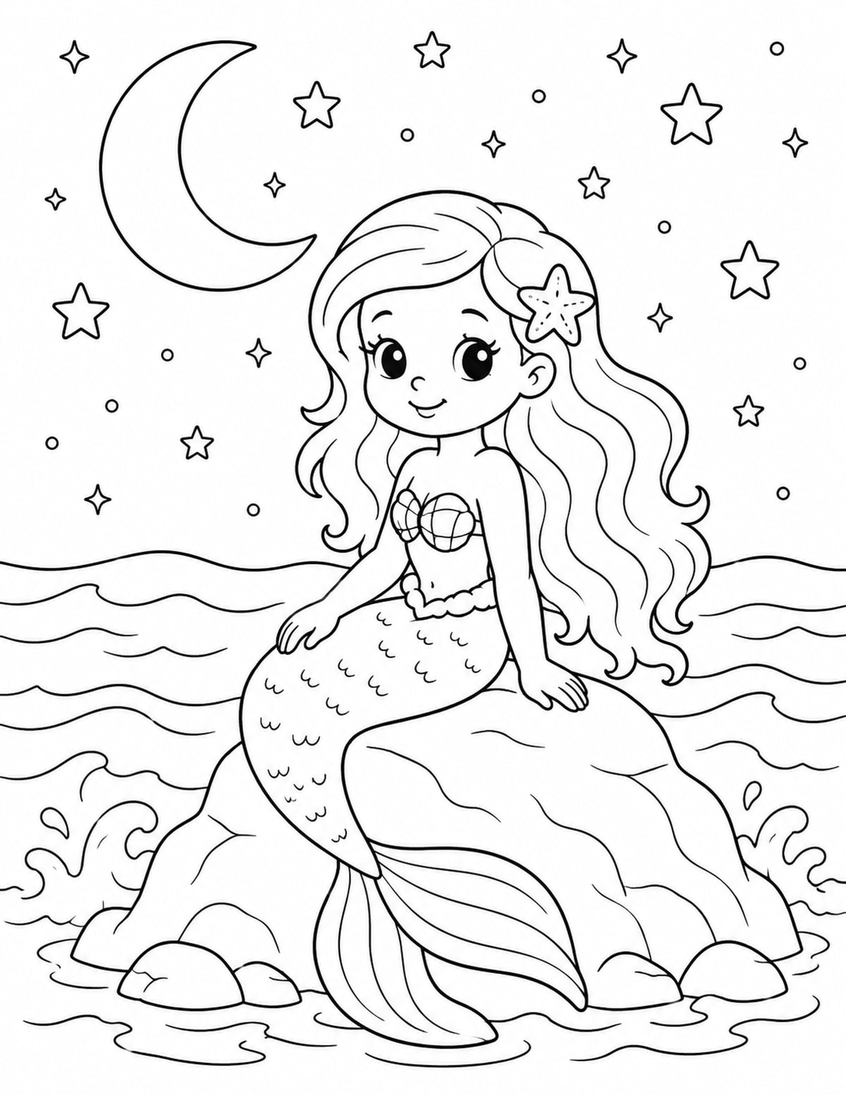 Mermaid Sitting on a Rock under the Moon printable preview