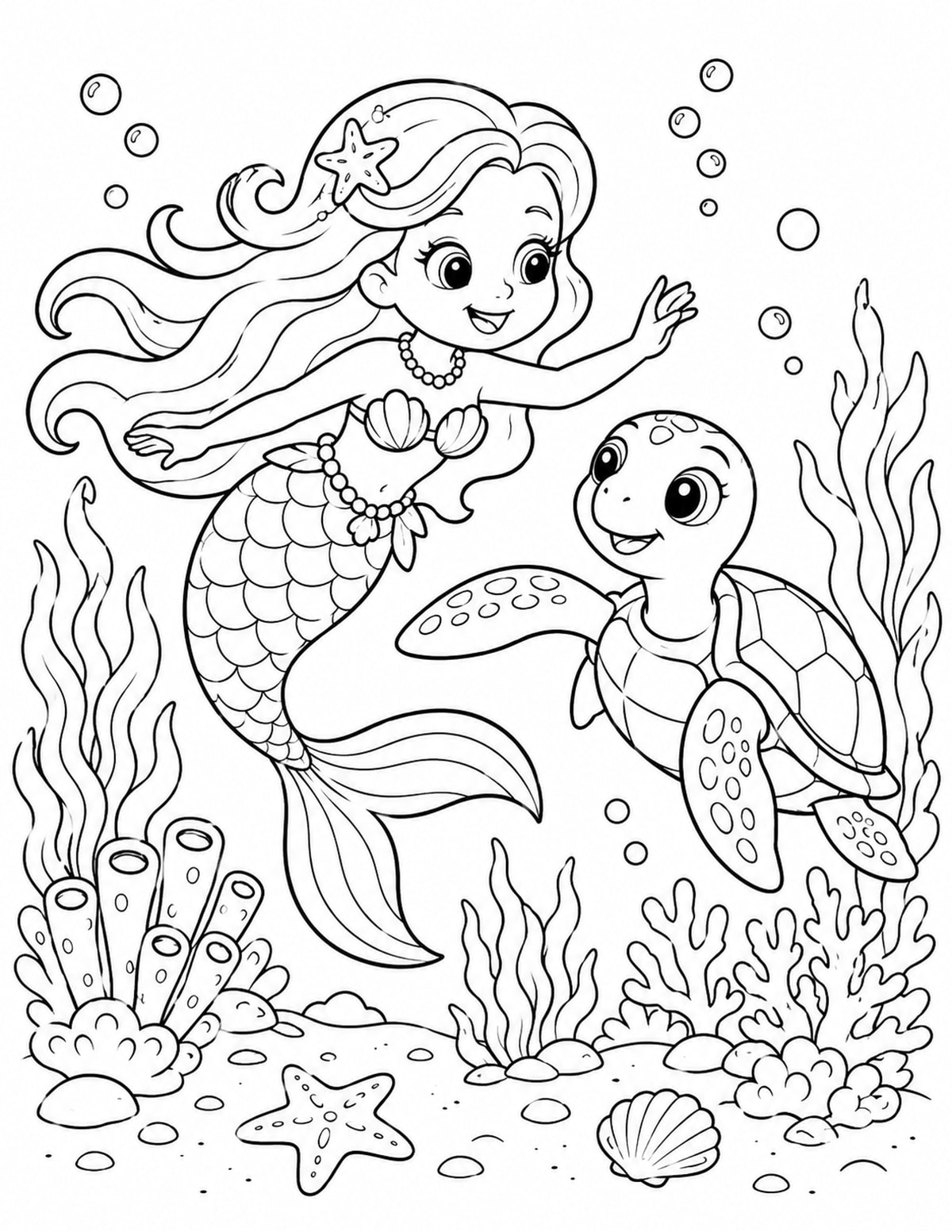 Mermaid Swimming beside a Friendly Sea Turtle printable preview