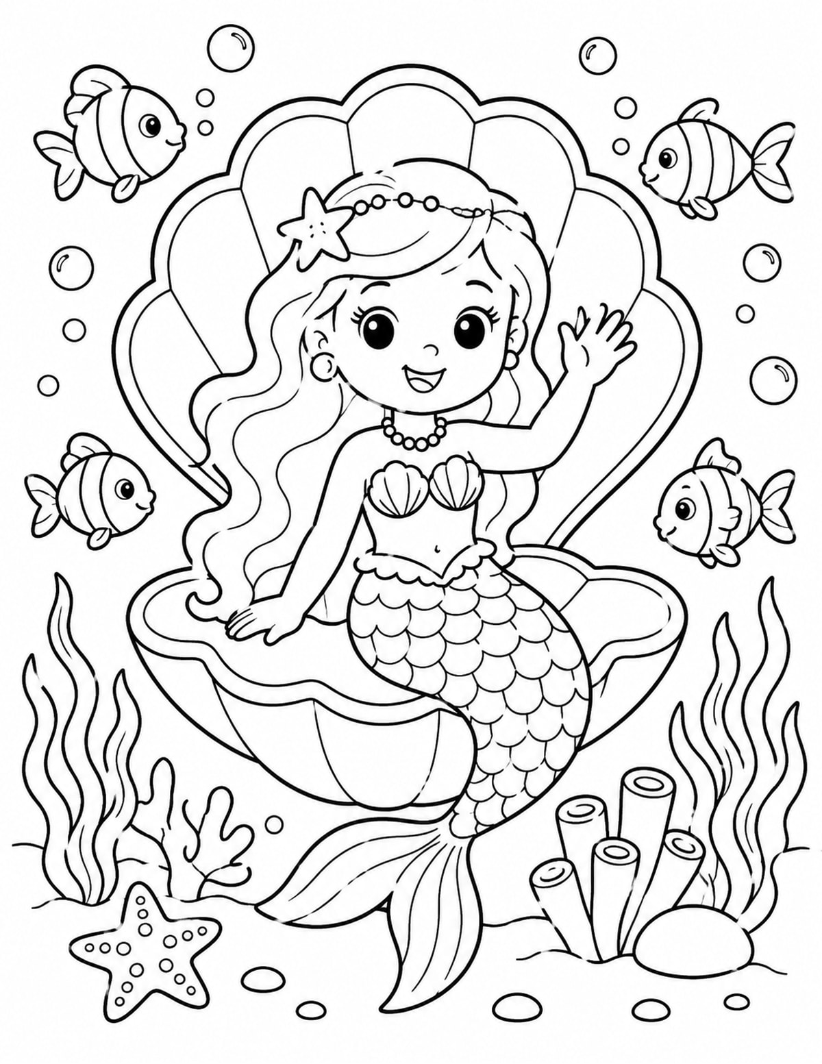 Mermaid Waving from Inside a Shell-shaped Frame printable preview