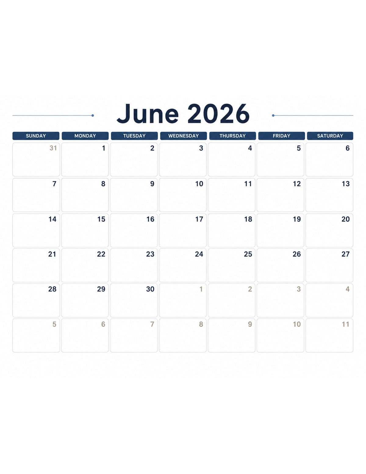 Modern June 2026 Calendar printable preview