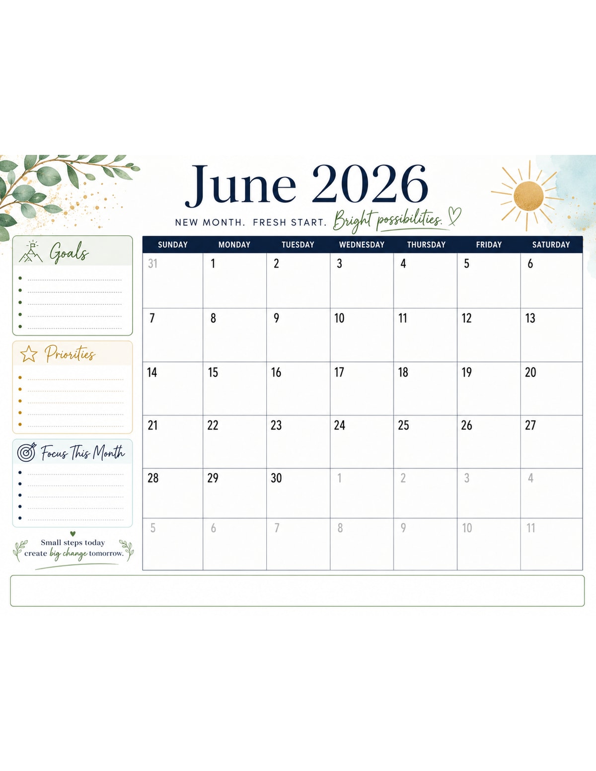 Motivational June 2026 Calendar printable preview