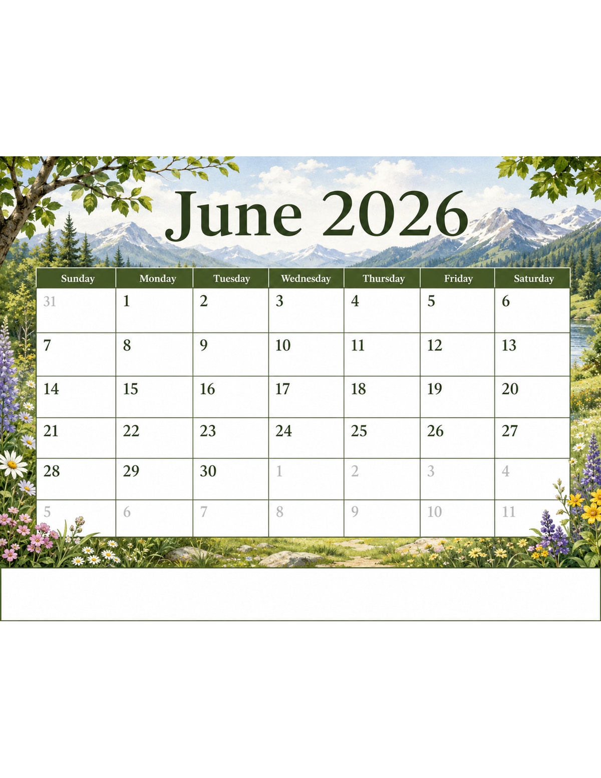 Nature June 2026 Calendar printable preview