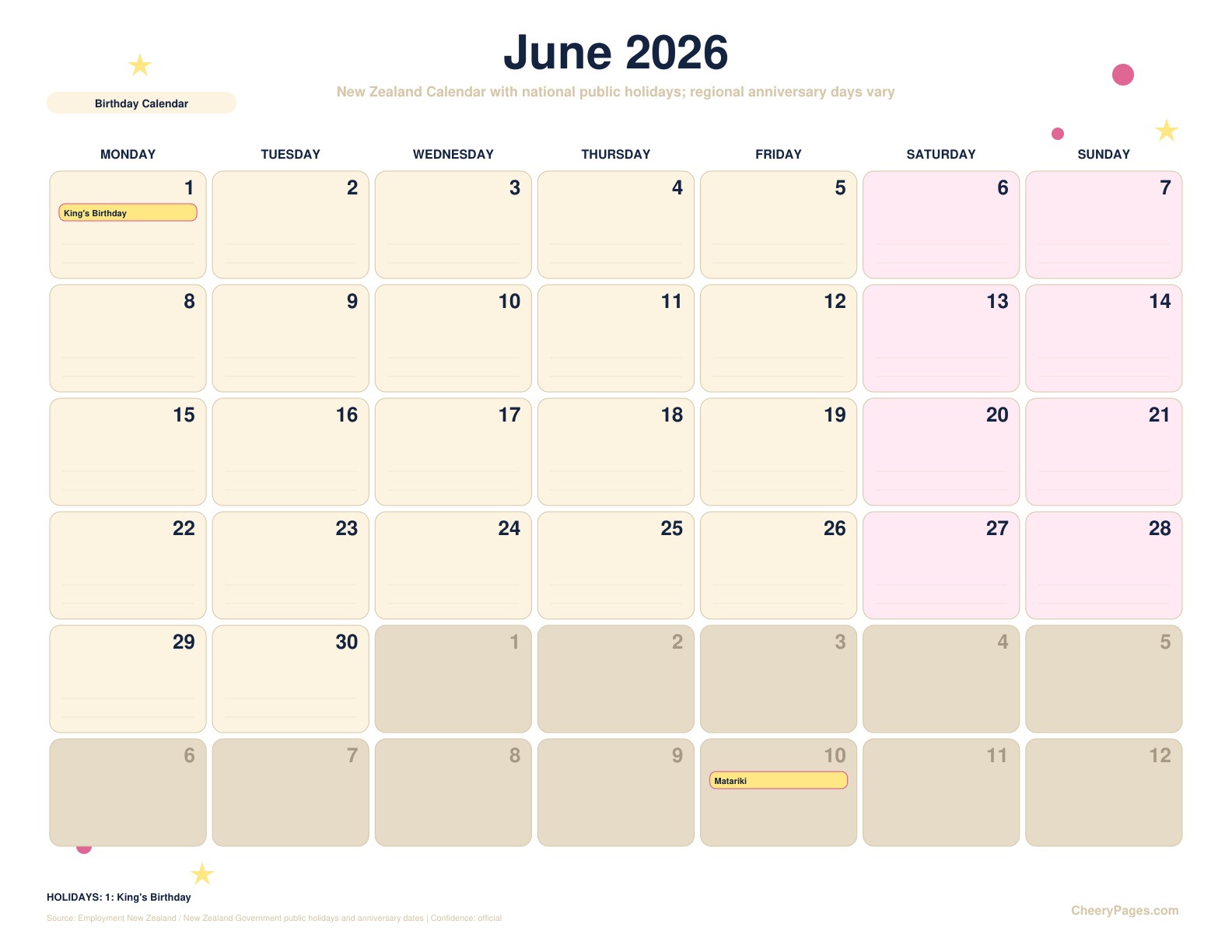 New Zealand June 2026 Calendar - Birthday Calendar printable preview