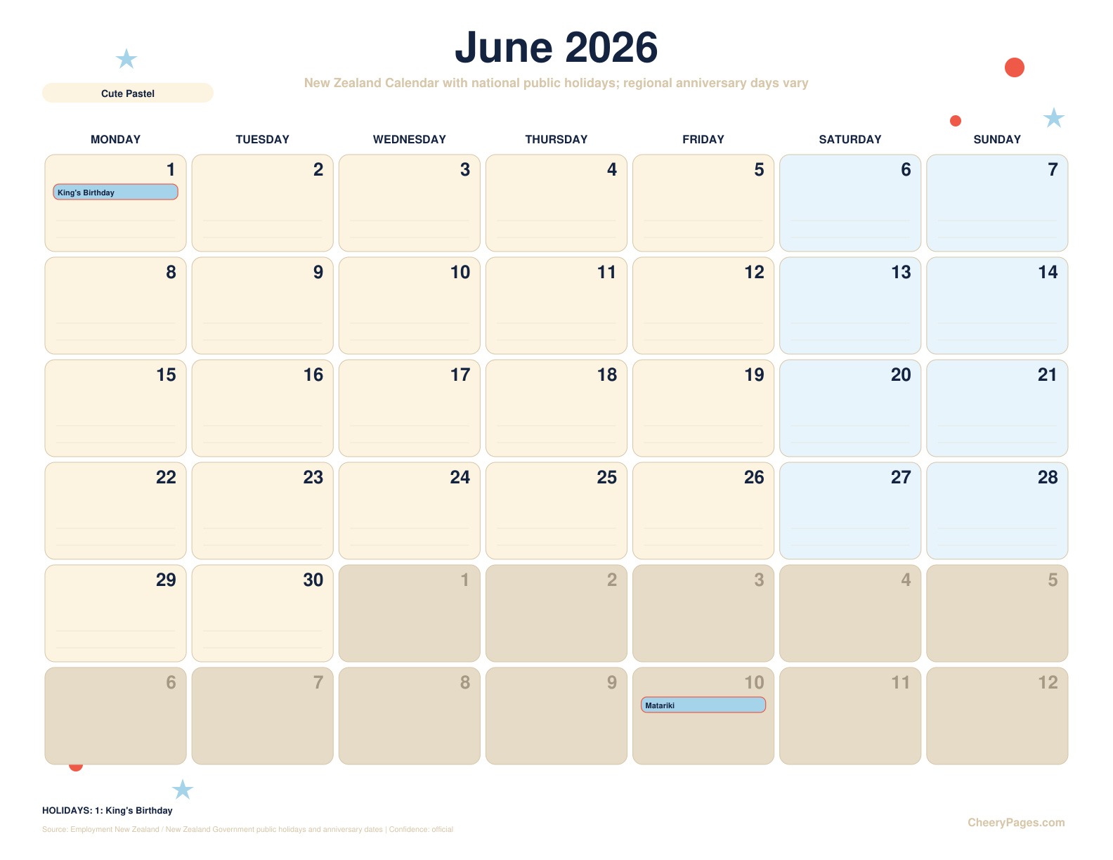 New Zealand June 2026 Calendar - Cute Pastel printable preview