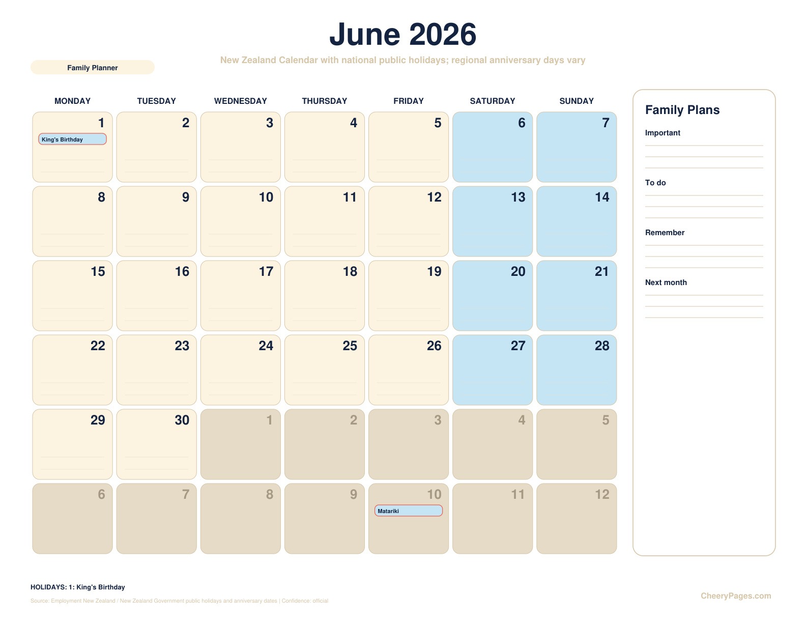New Zealand June 2026 Calendar - Family Planner printable preview