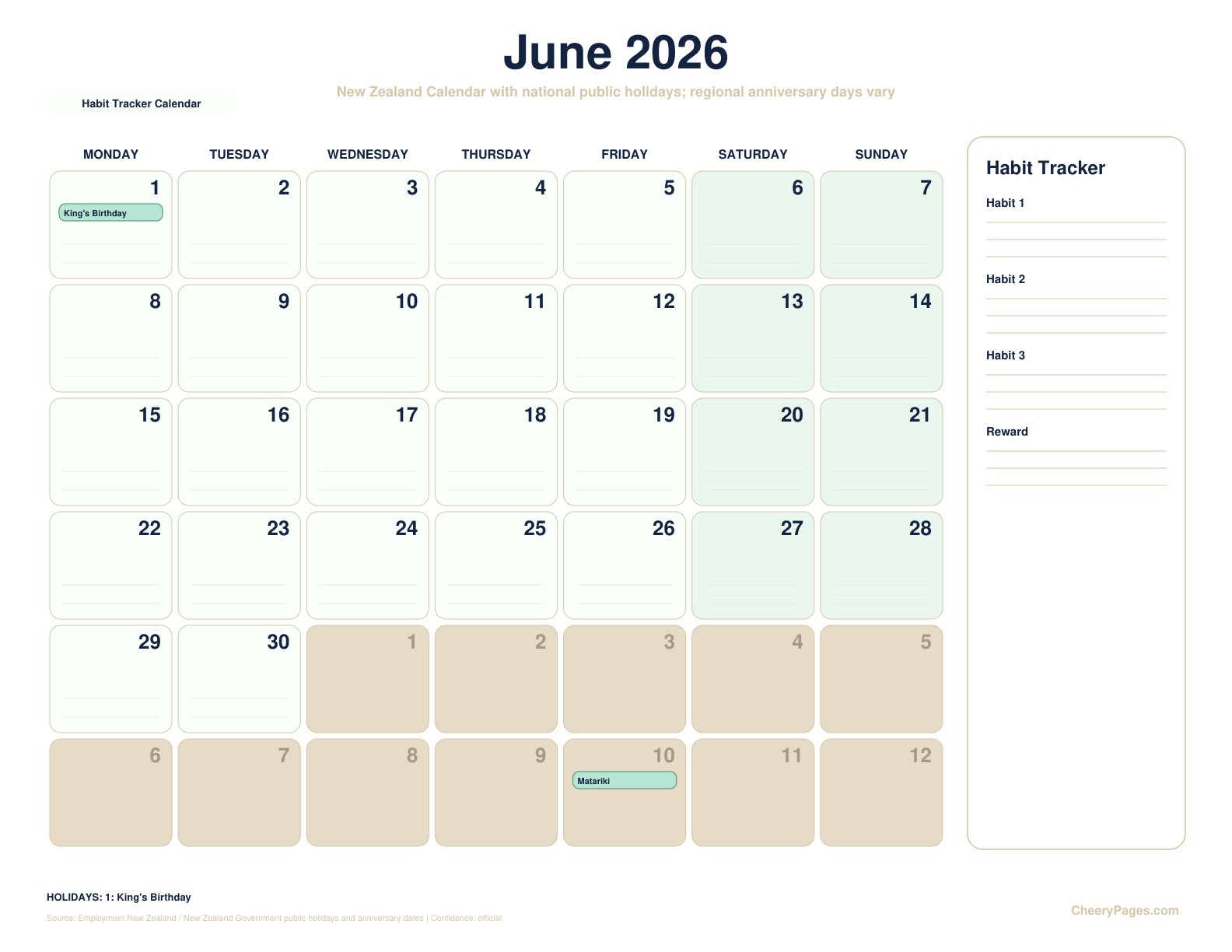New Zealand June 2026 Calendar - Habit Tracker Calendar printable preview