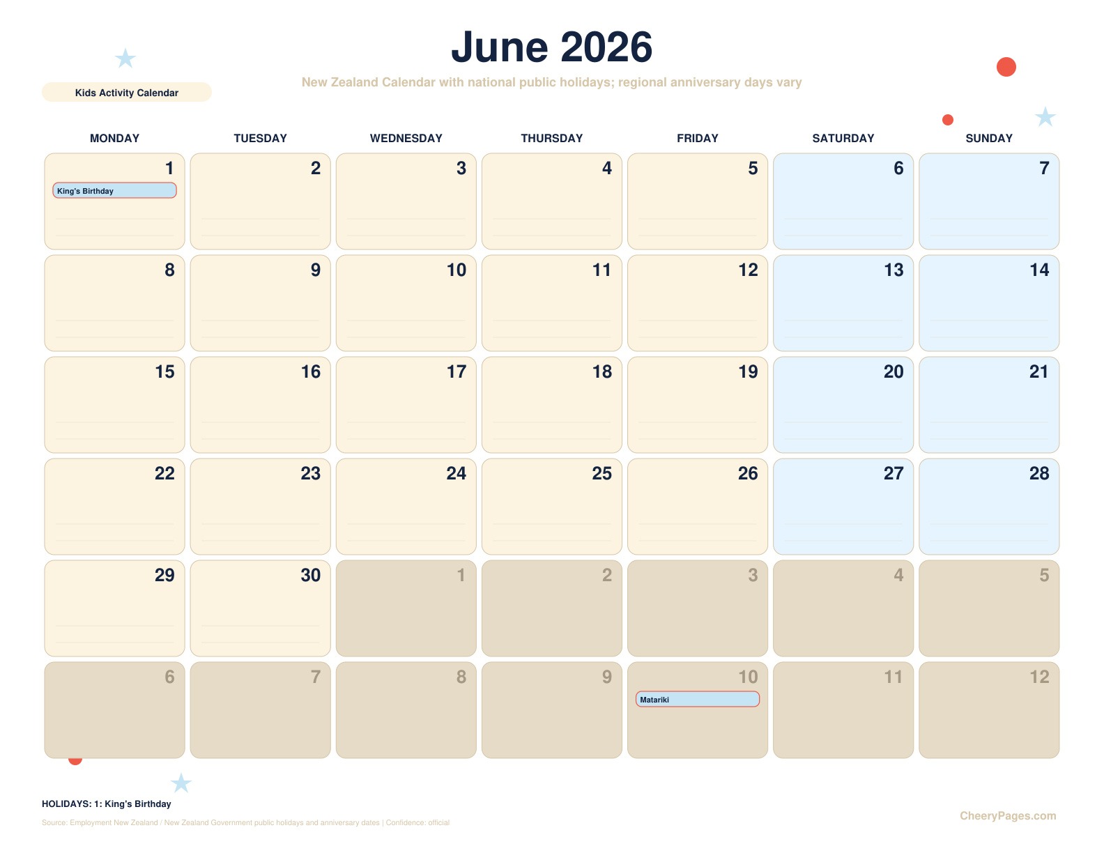 New Zealand June 2026 Calendar - Kids Activity Calendar printable preview