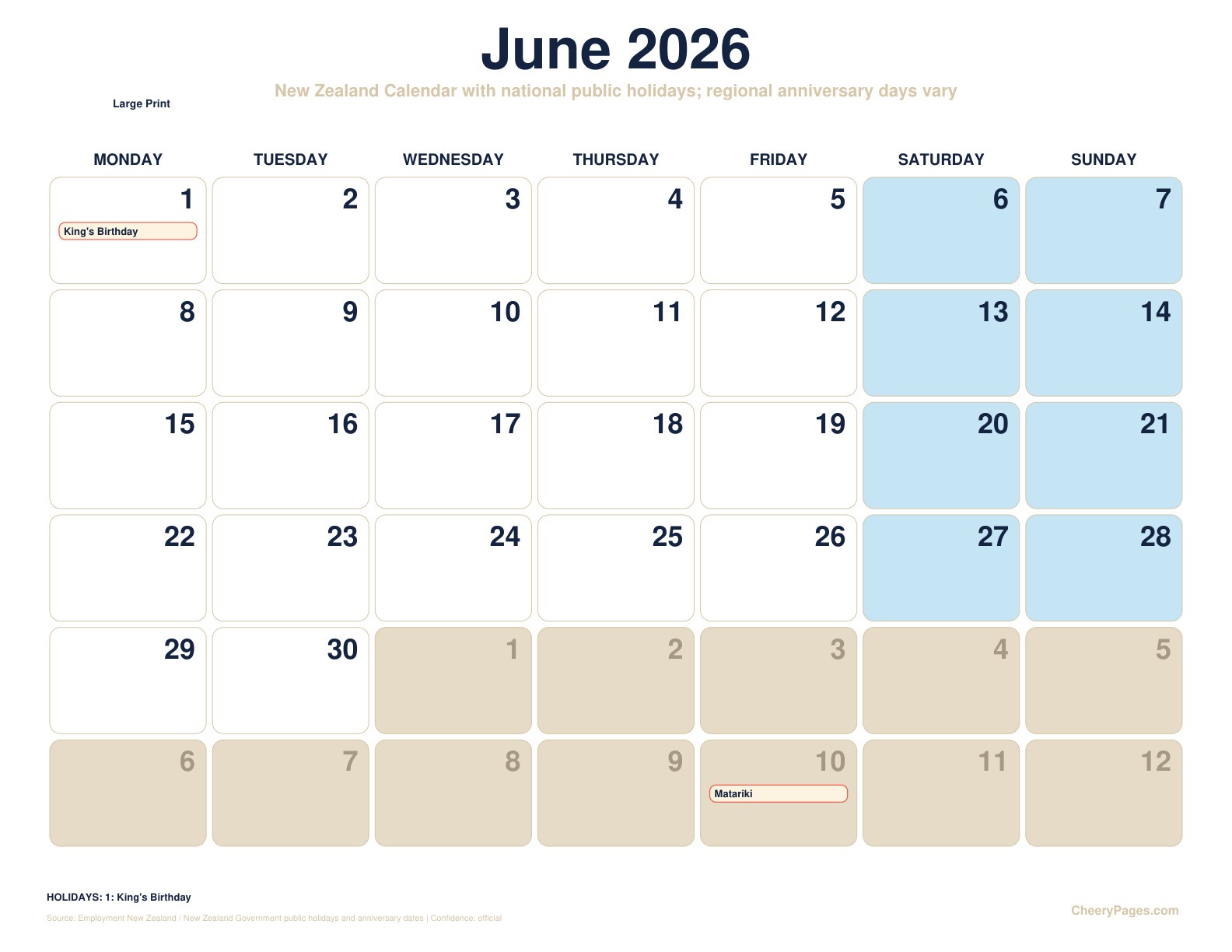 New Zealand June 2026 Calendar - Large Print printable preview