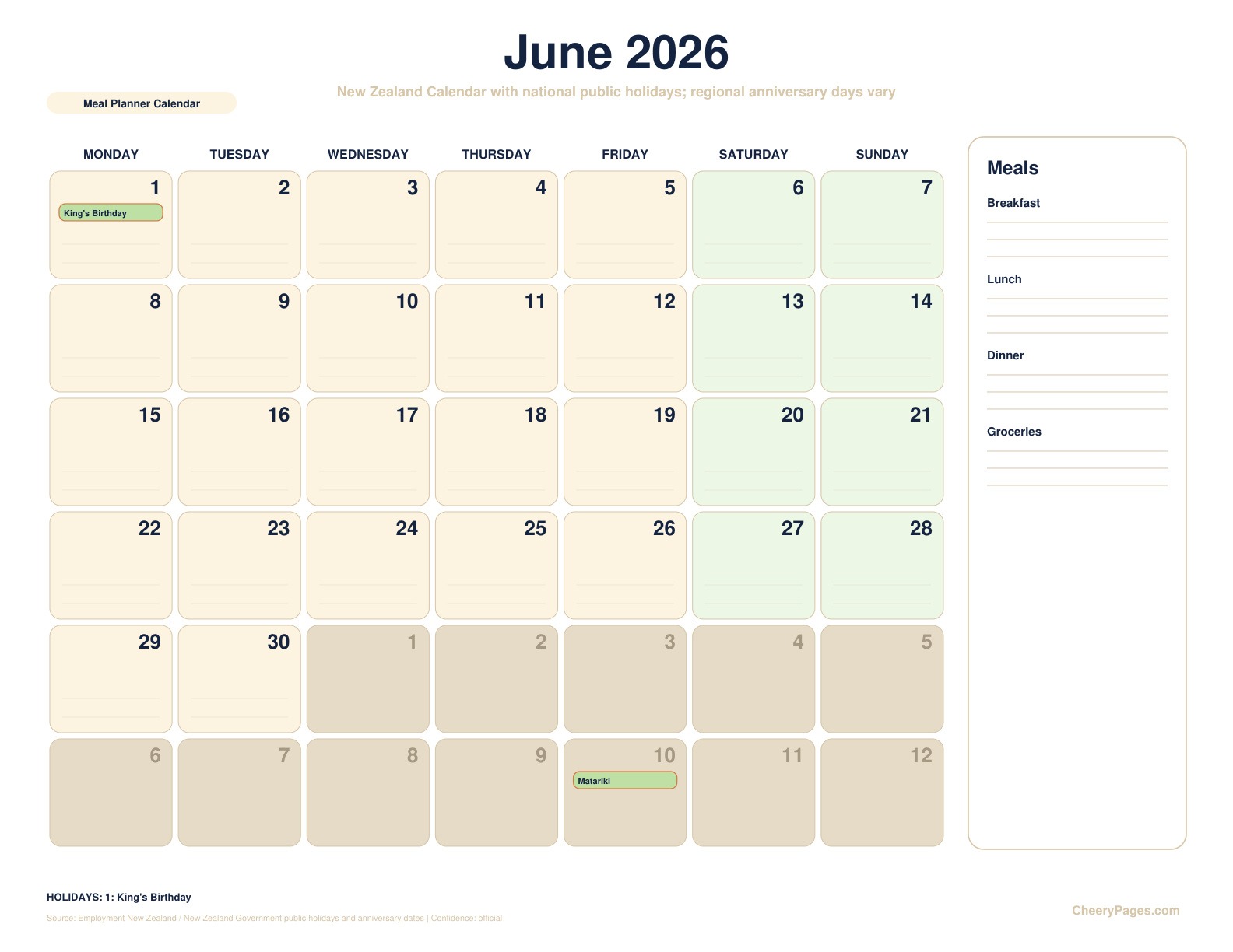 New Zealand June 2026 Calendar - Meal Planner Calendar printable preview