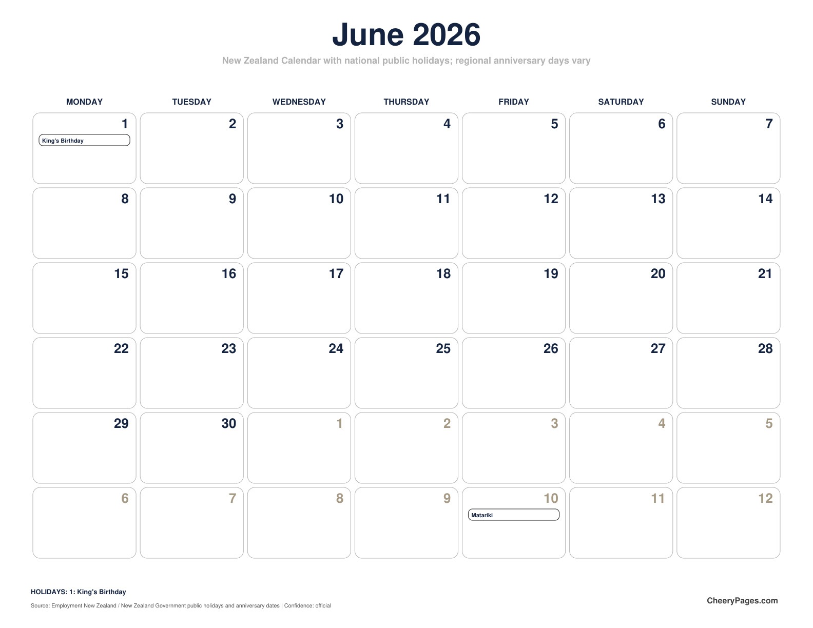New Zealand June 2026 Calendar - Minimal Ink printable preview