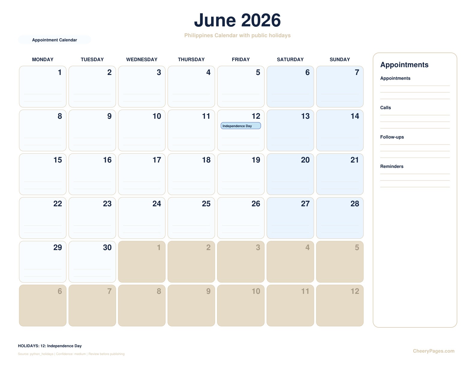 Philippines June 2026 Calendar - Appointment Calendar printable preview