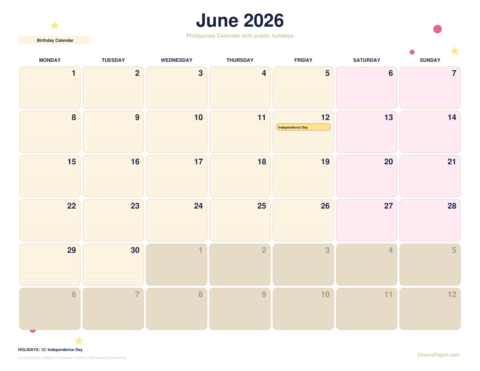 Philippines June 2026 Calendar - Birthday Calendar printable preview