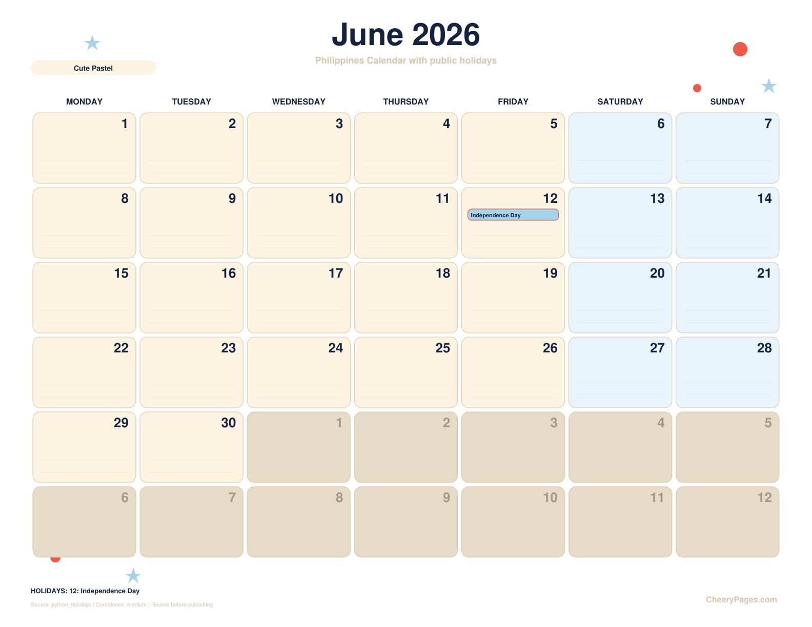 Philippines June 2026 Calendar - Cute Pastel printable preview