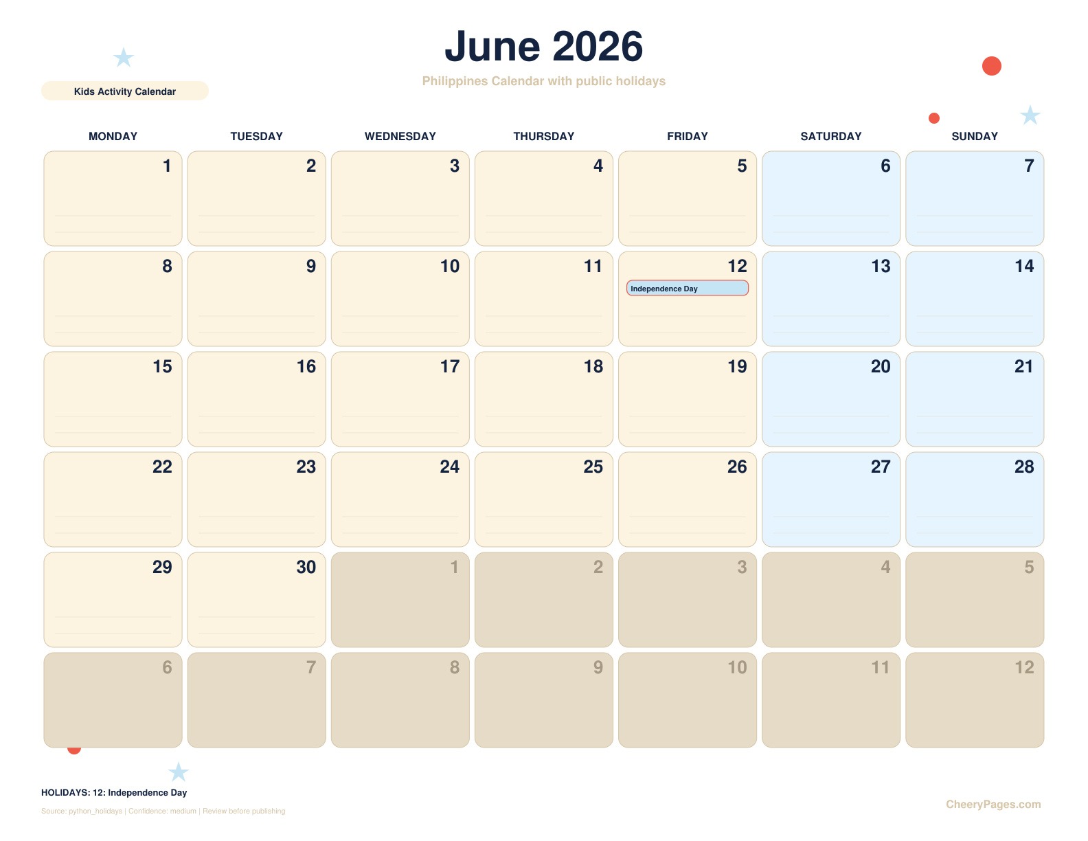Philippines June 2026 Calendar - Kids Activity Calendar printable preview