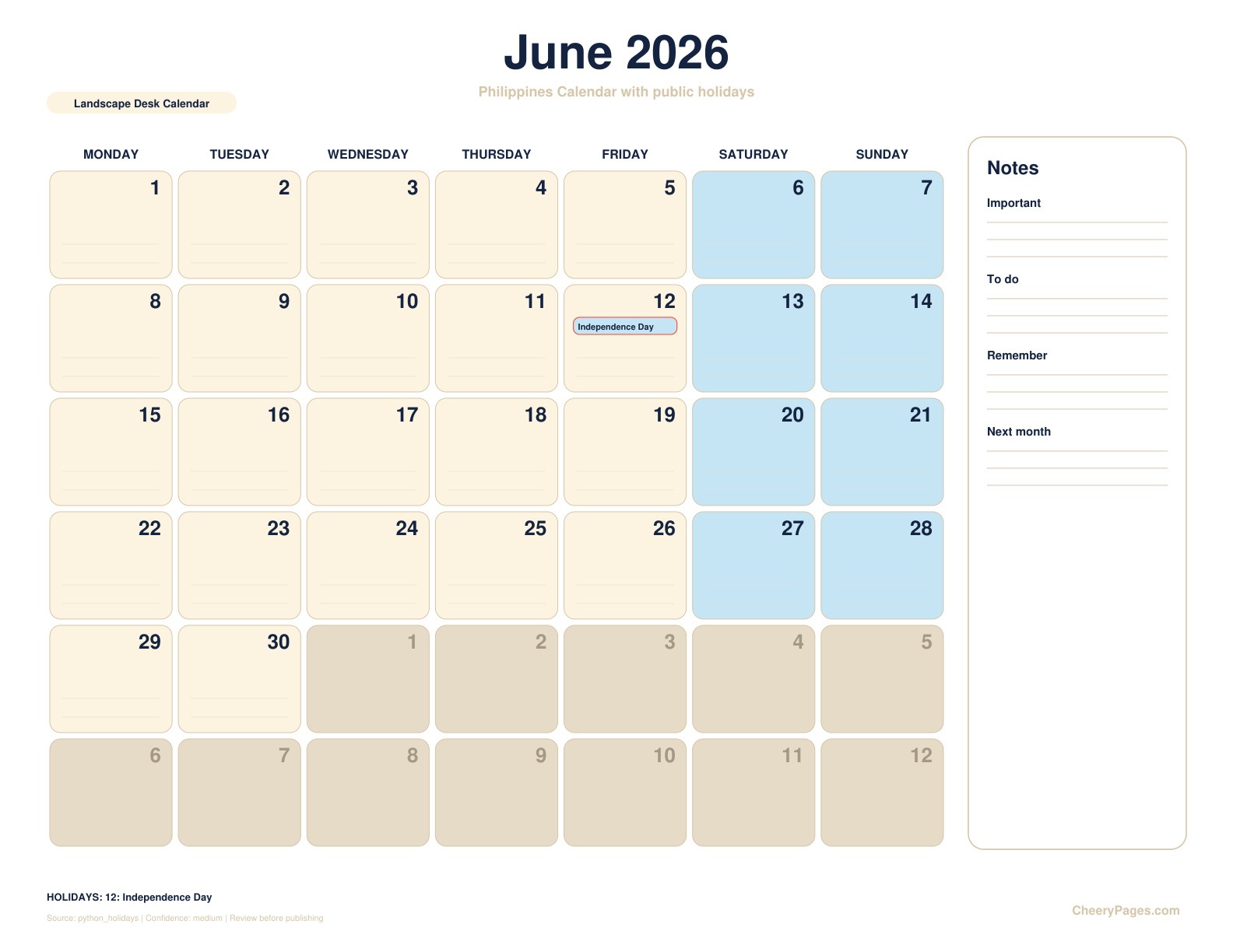 Philippines June 2026 Calendar - Landscape Desk Calendar printable preview