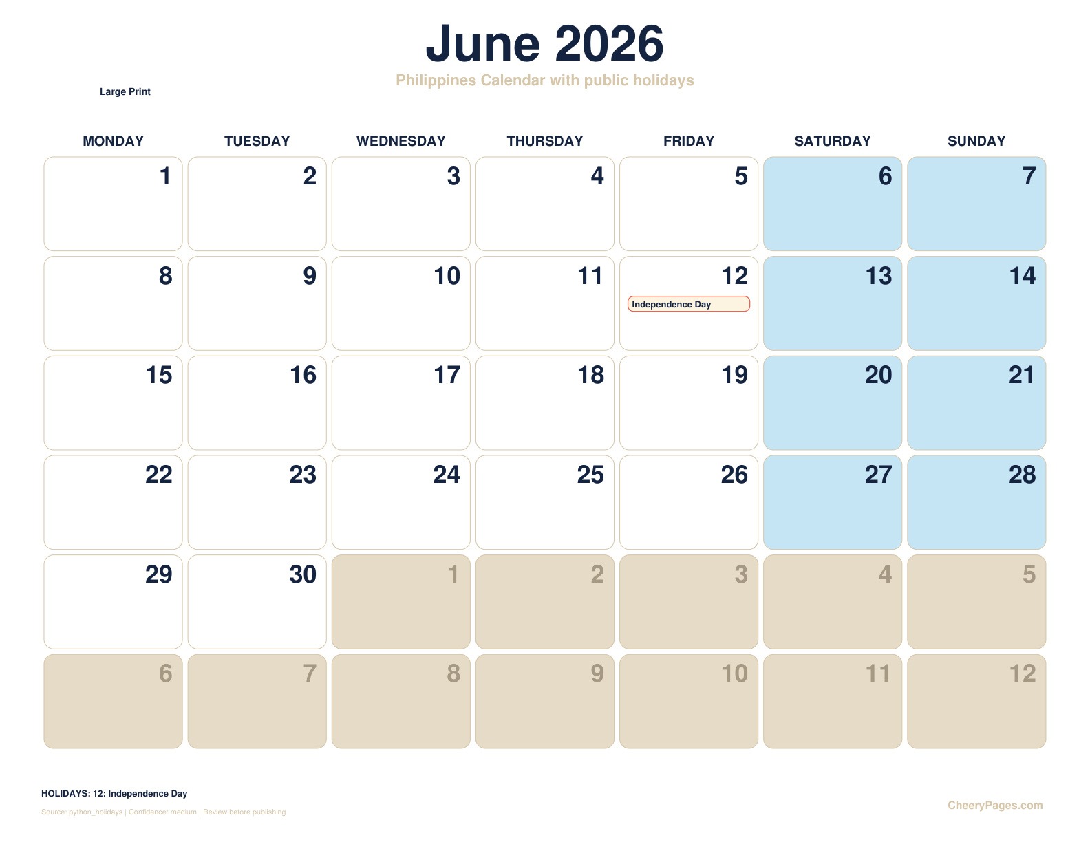 Philippines June 2026 Calendar - Large Print printable preview