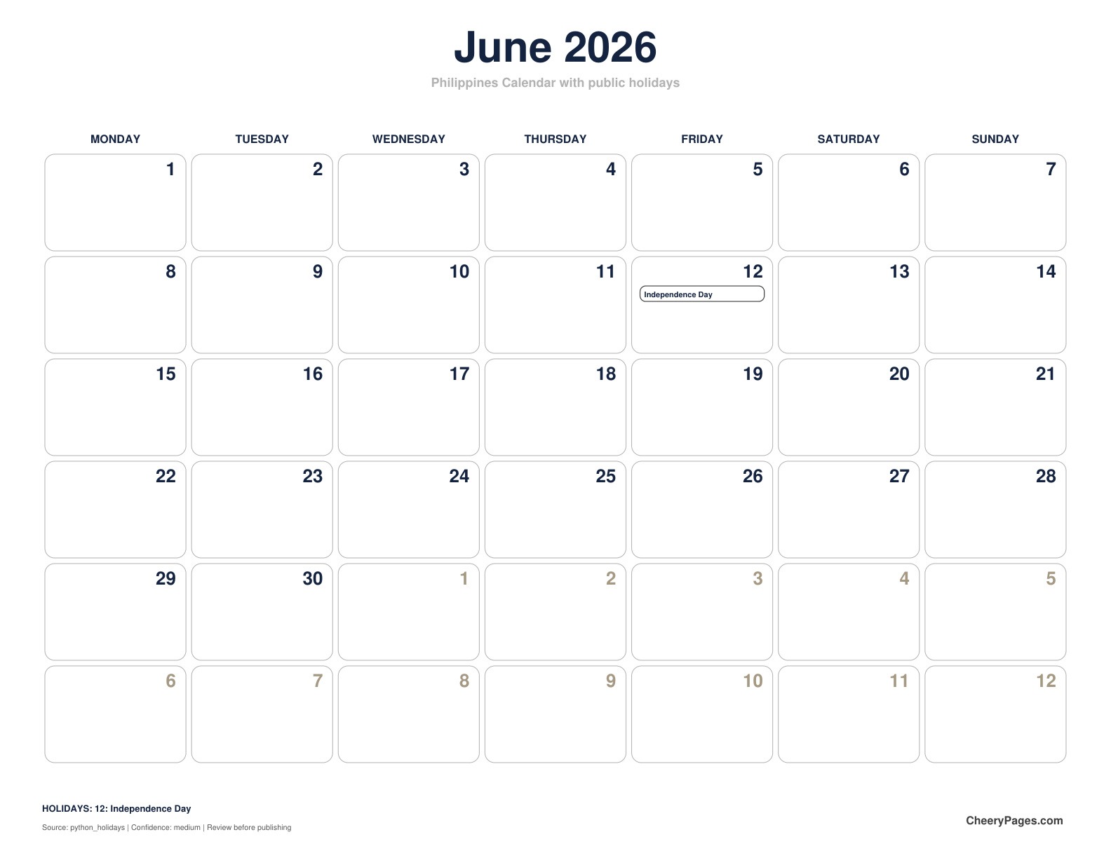 Philippines June 2026 Calendar - Minimal Ink printable preview