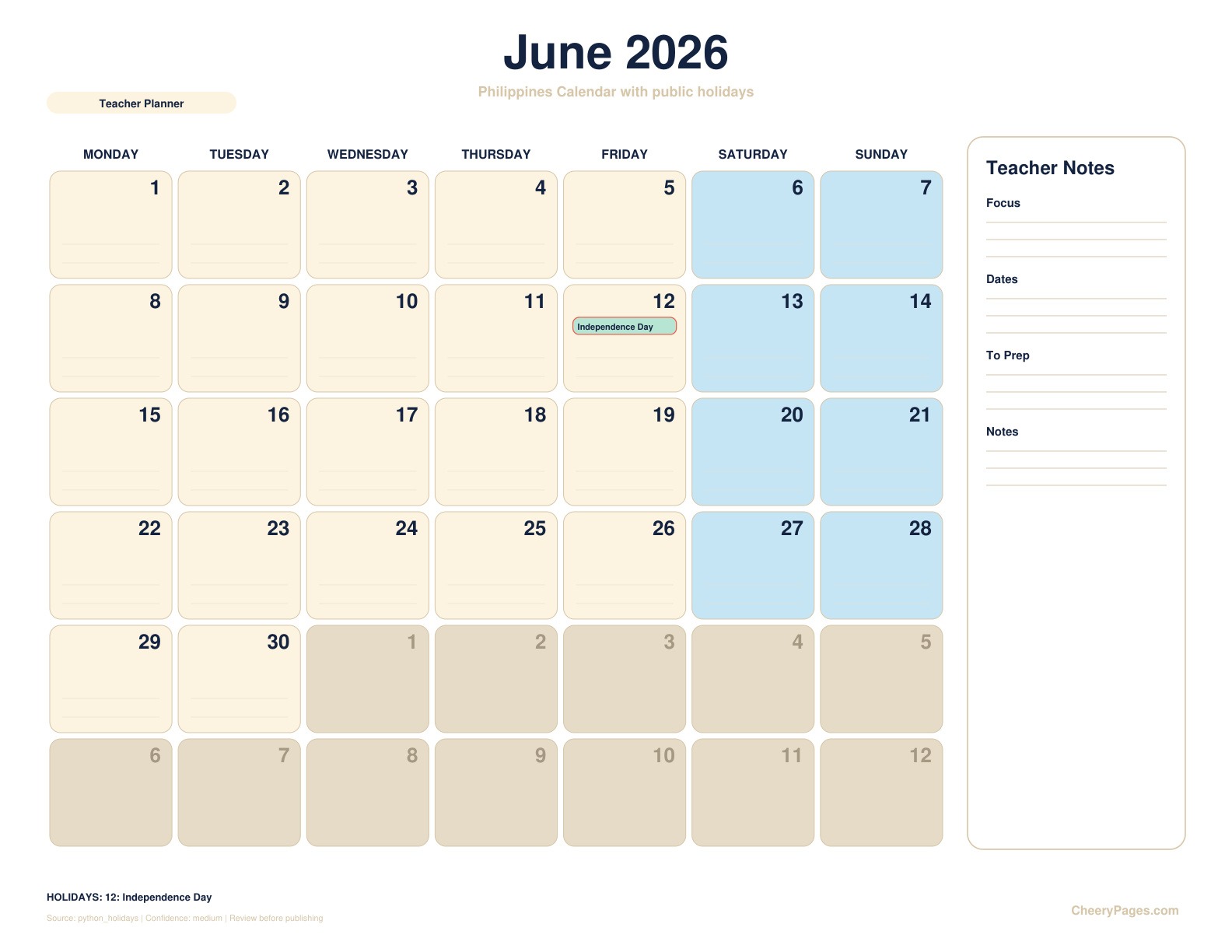 Philippines June 2026 Calendar - Teacher Planner printable preview
