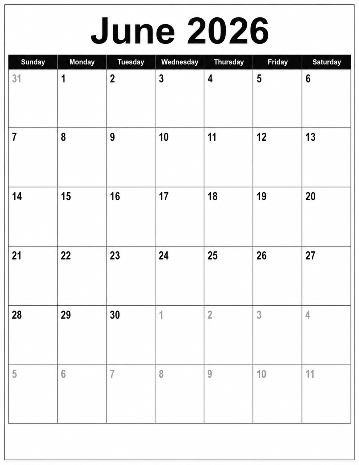 Portrait June 2026 Calendar printable preview