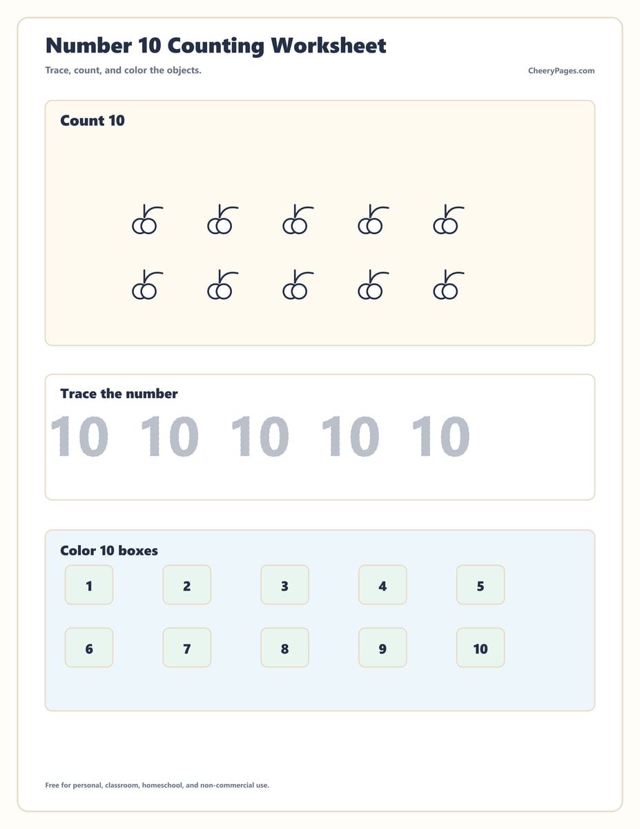 Number Ten Tracing and Counting Practice printable preview