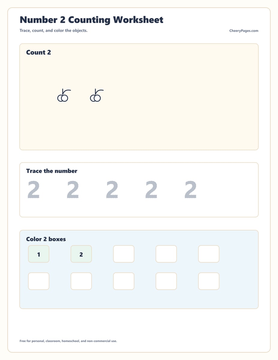 Number Two Tracing and Counting Practice printable preview
