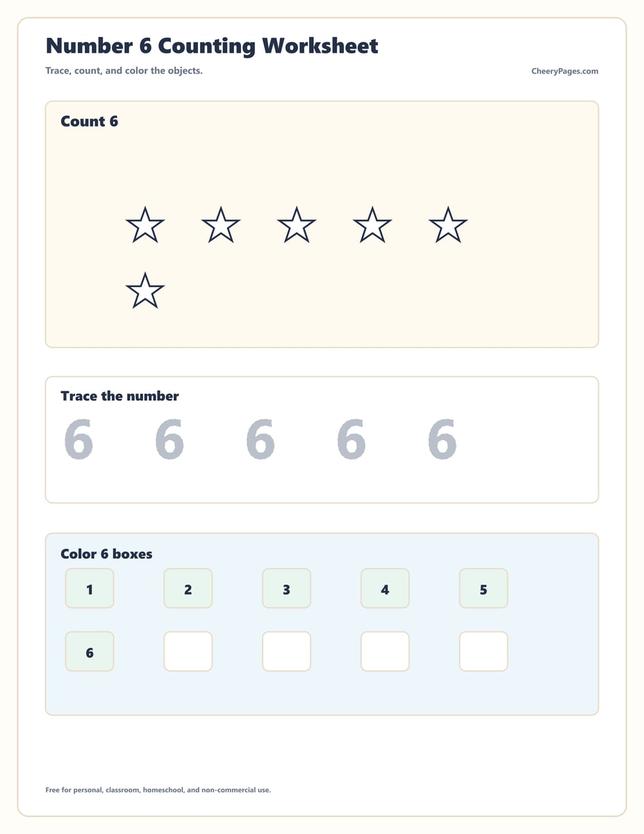 Number Six Tracing and Counting Practice printable preview