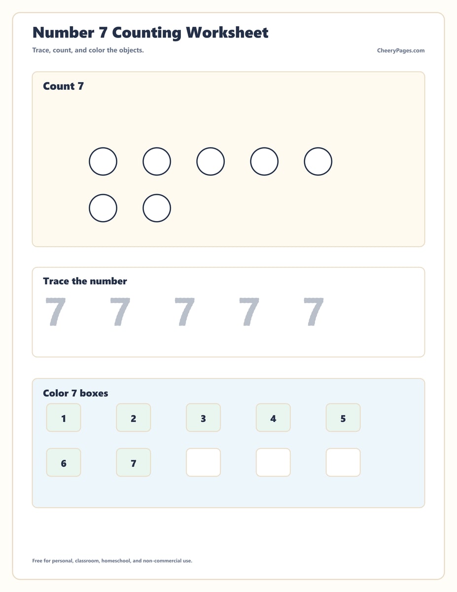 Number Seven Tracing and Counting Practice printable preview