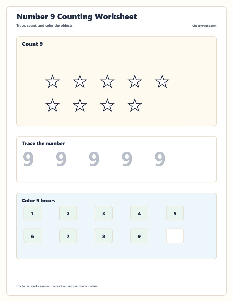 Number Nine Tracing and Counting Practice printable preview