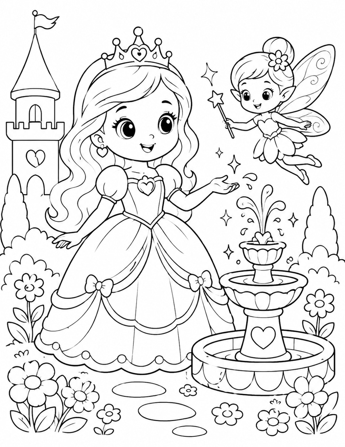 Princess and Fairy Friend Standing beside a Small Magical Fountain printable preview