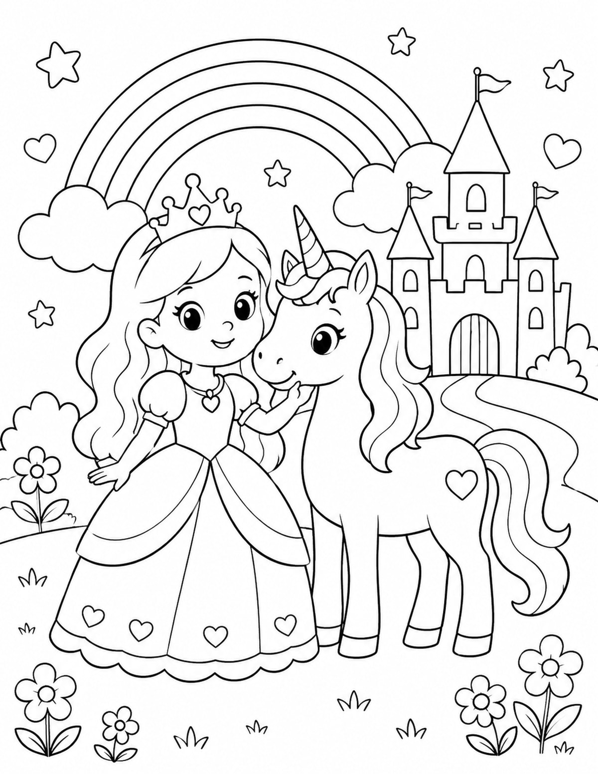 Princess and Unicorn Standing Together near a Rainbow and Castle printable preview