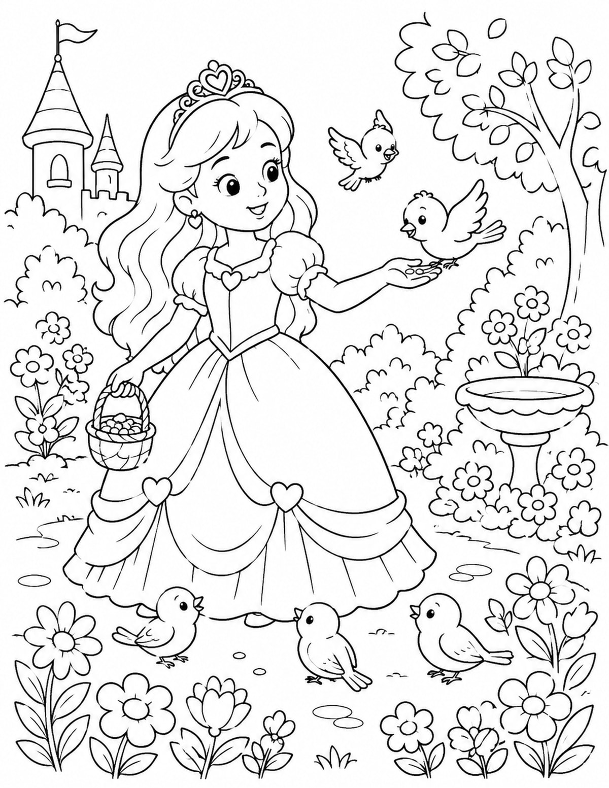 Princess Feeding Birds from Her Hand in a Garden Scene printable preview