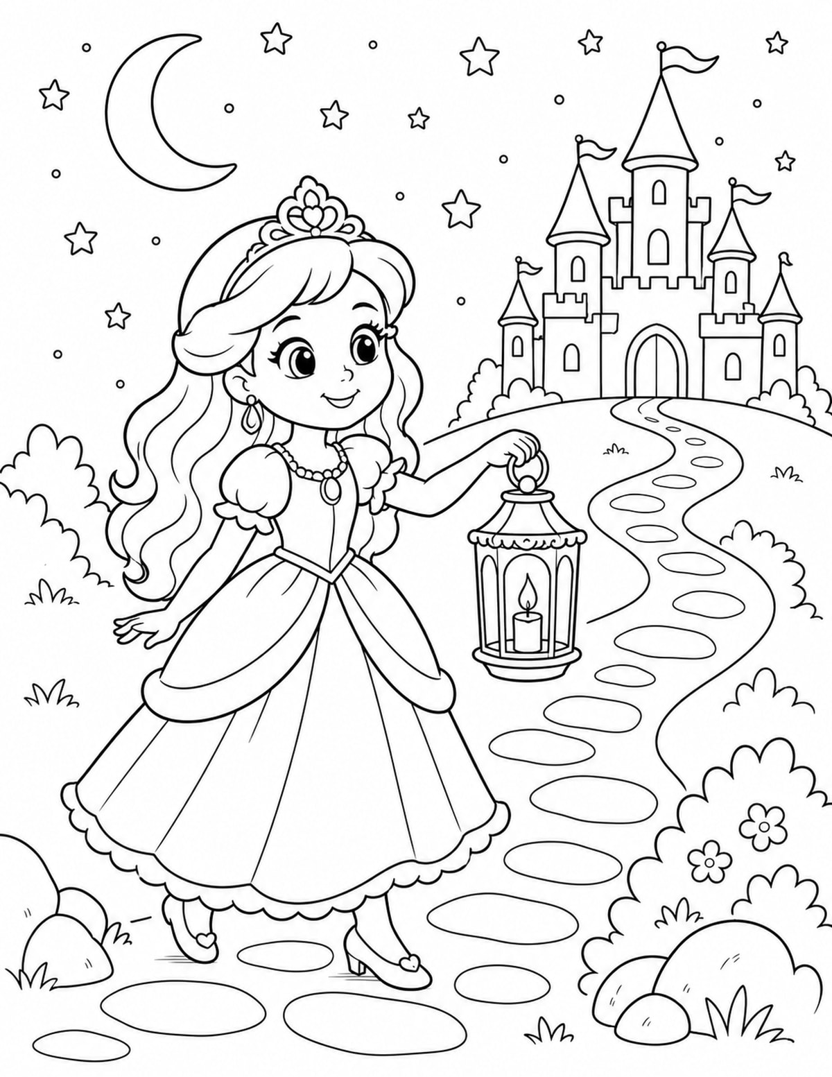 Princess Holding a Lantern While Walking Along a Castle Path under Stars printable preview