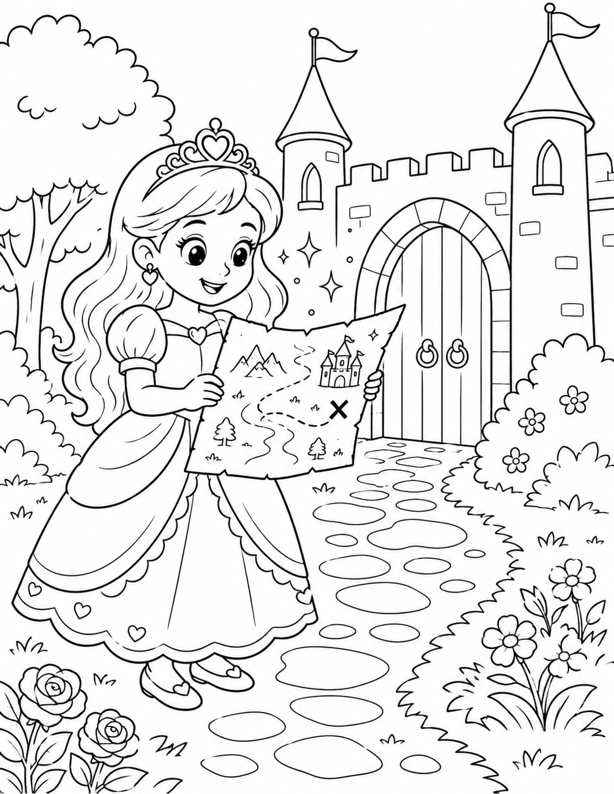 Princess Looking at a Magical Map beside a Castle Gate printable preview