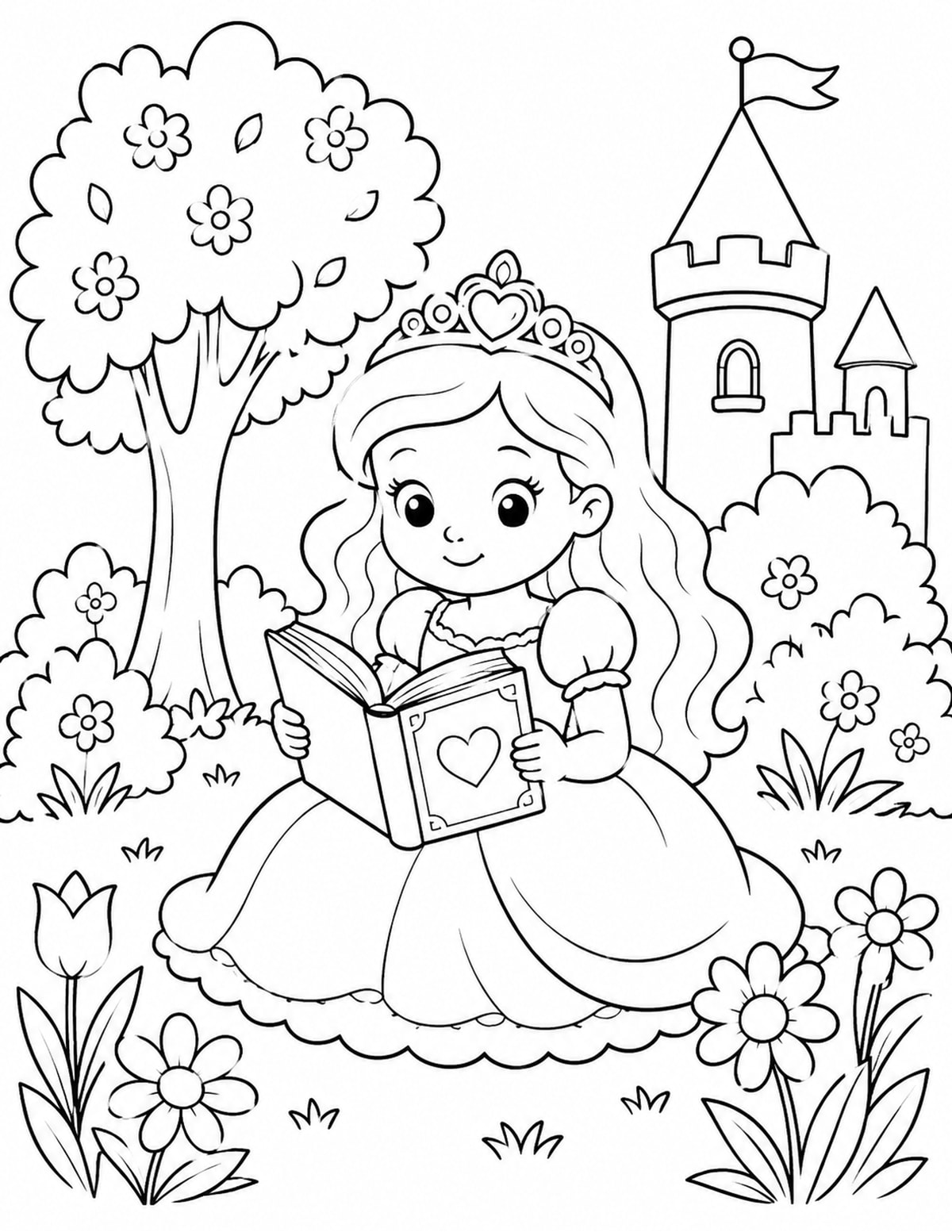 Princess Reading a Book in a Garden printable preview