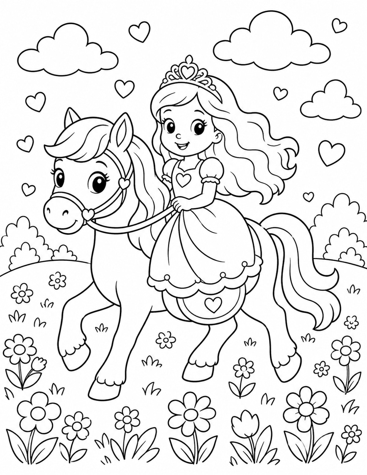Princess Riding a Gentle Pony Through a Meadow printable preview