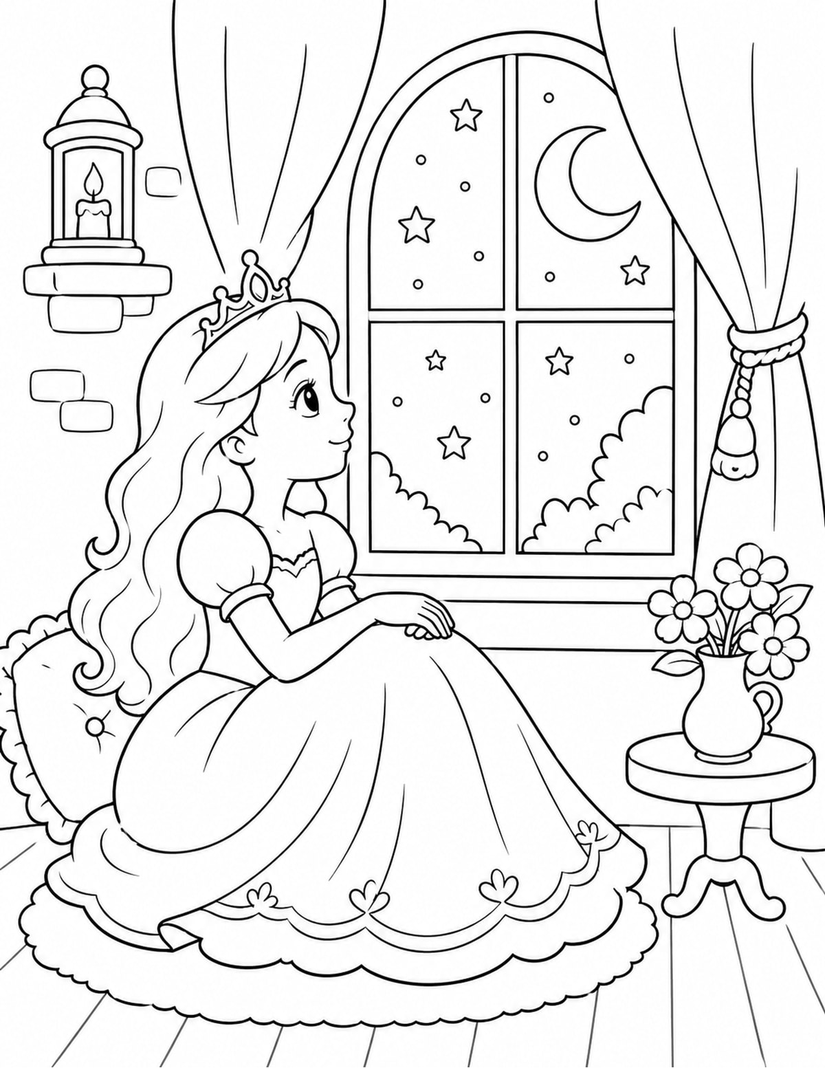 Princess Sitting near a Window with Moon printable preview