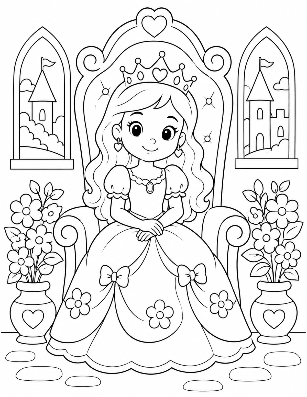 Princess Sitting on a Throne with Flowers printable preview