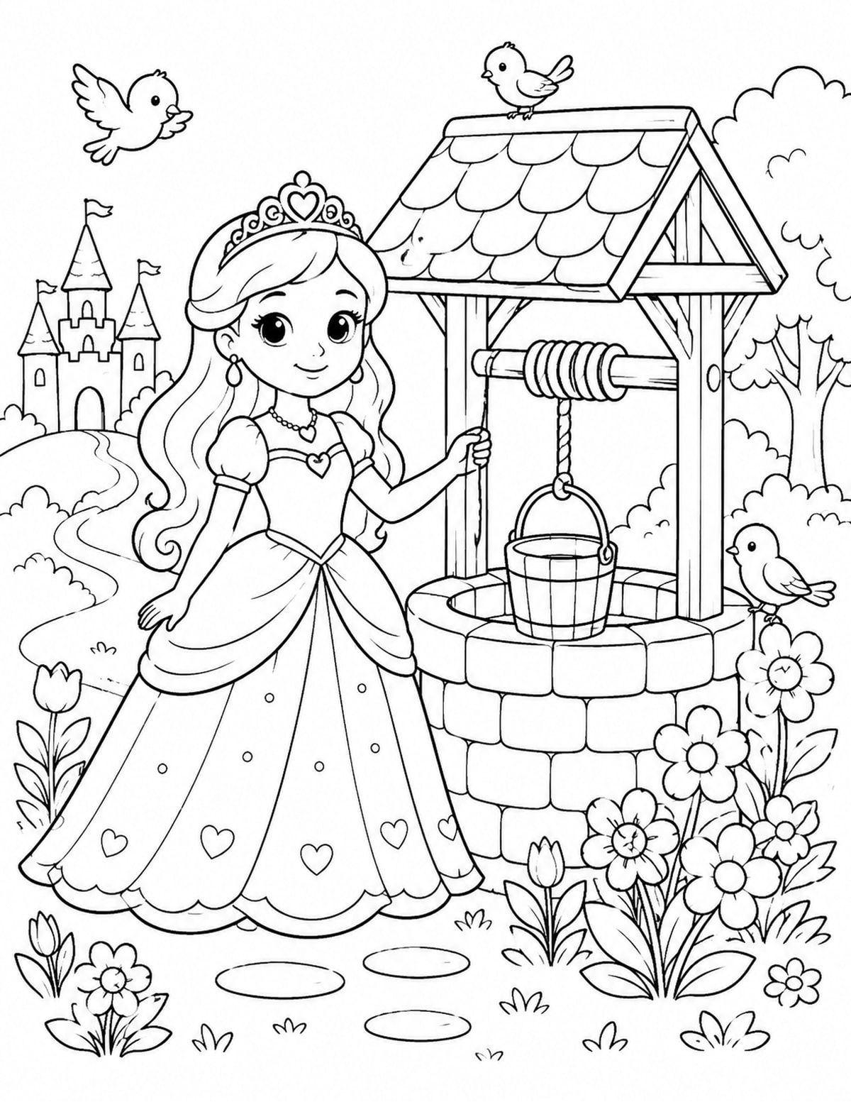 Princess Standing beside a Wishing Well printable preview