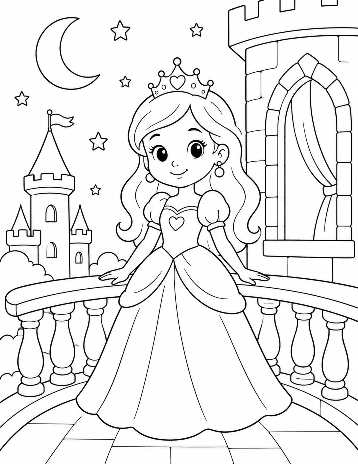 Princess Standing on a Balcony with Stars printable preview
