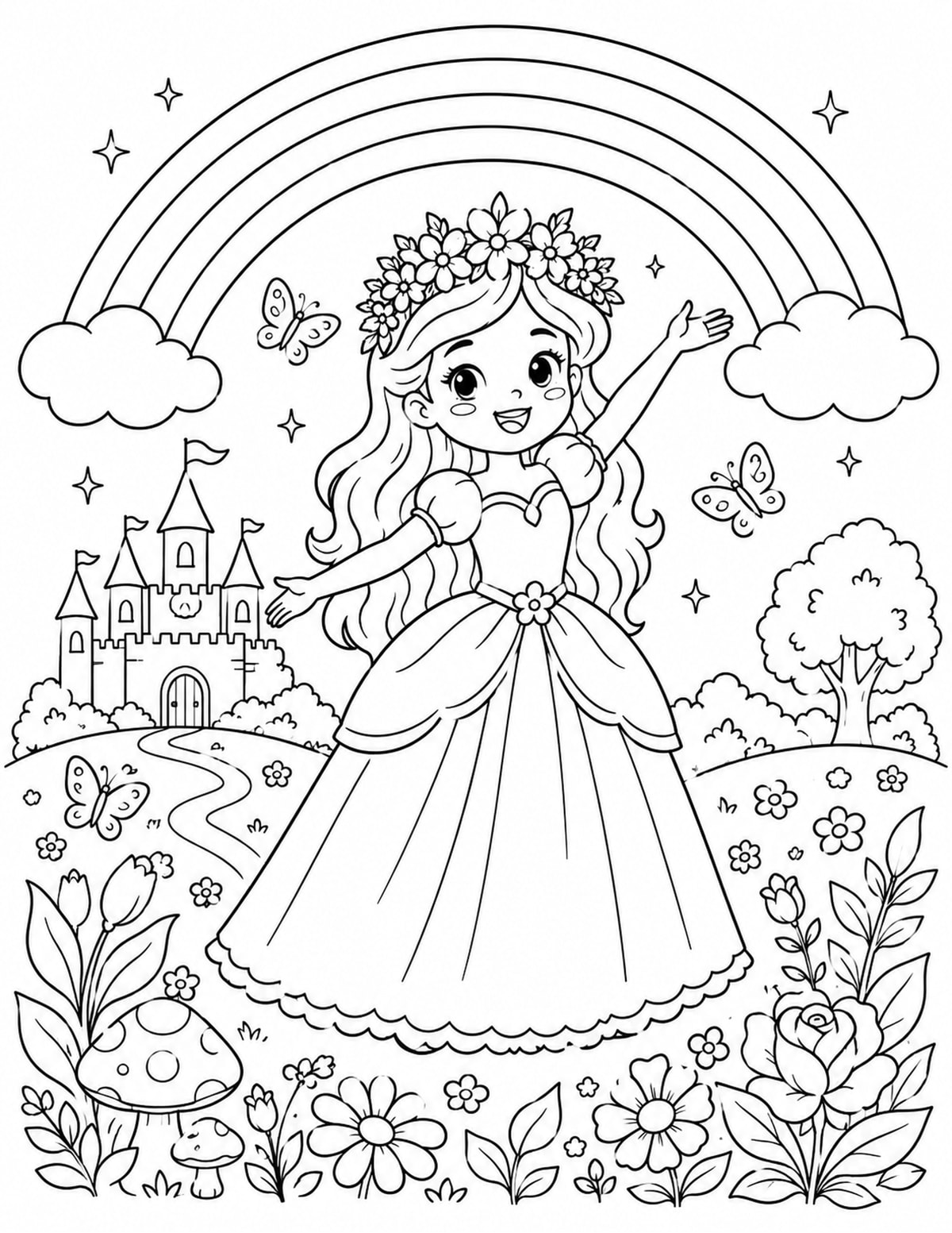 Princess Wearing a Flower Crown and Standing under a Rainbow printable preview