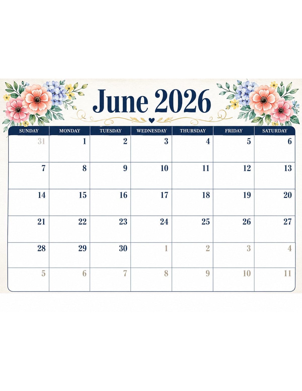 June 2026 Wall Calendar printable preview