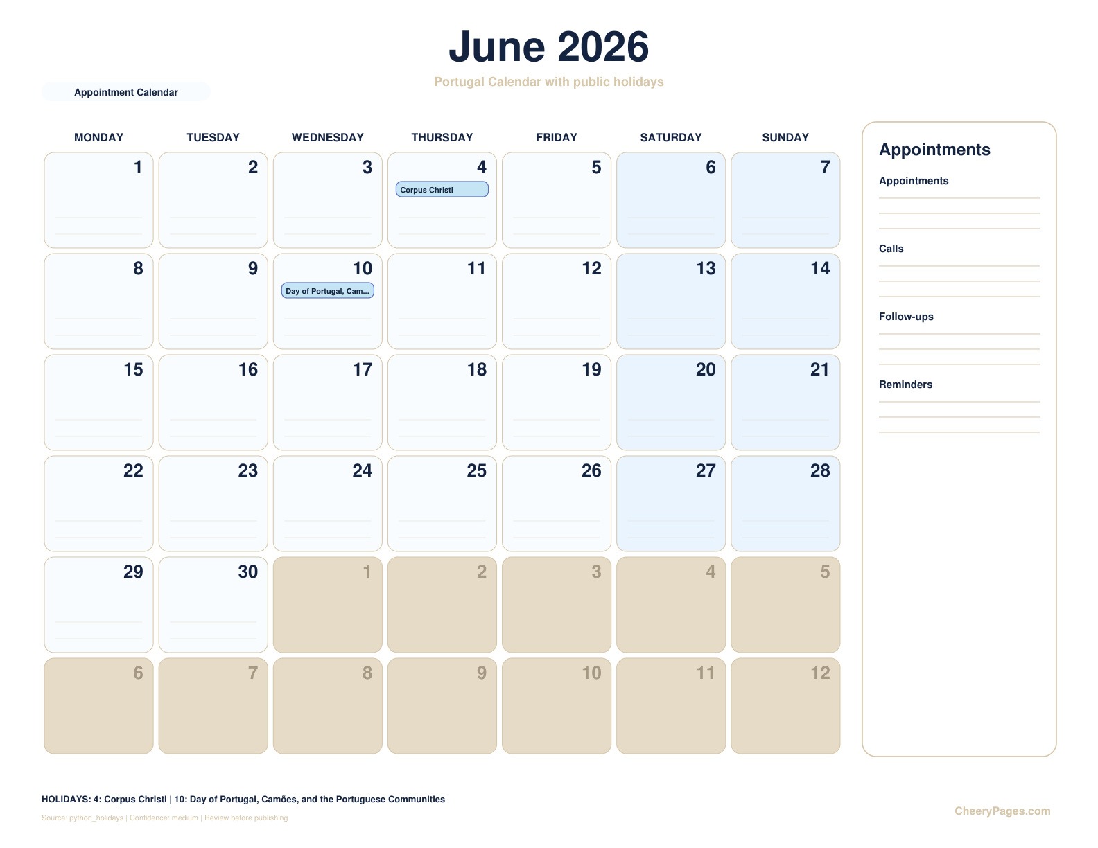 Portugal June 2026 Calendar - Appointment Calendar printable preview