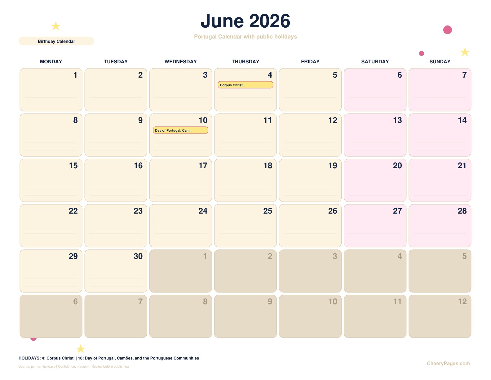 Portugal June 2026 Calendar - Birthday Calendar printable preview
