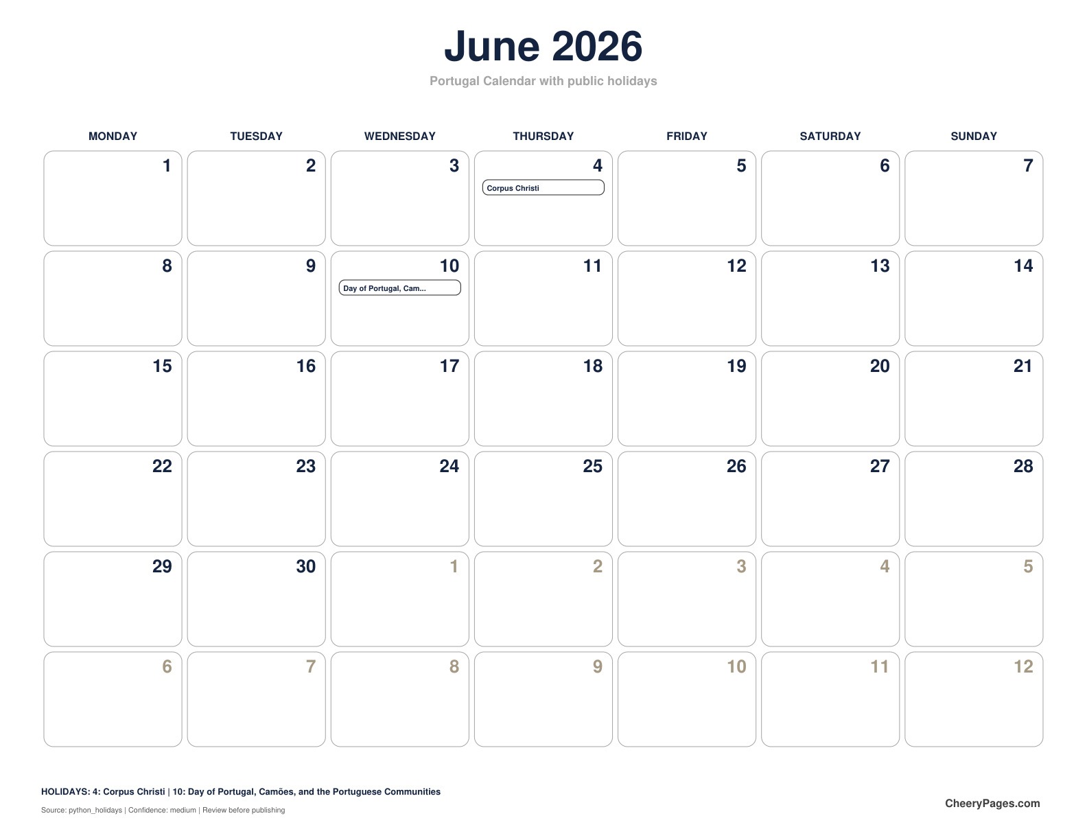 Portugal June 2026 Calendar - Black and White Ink Saver printable preview