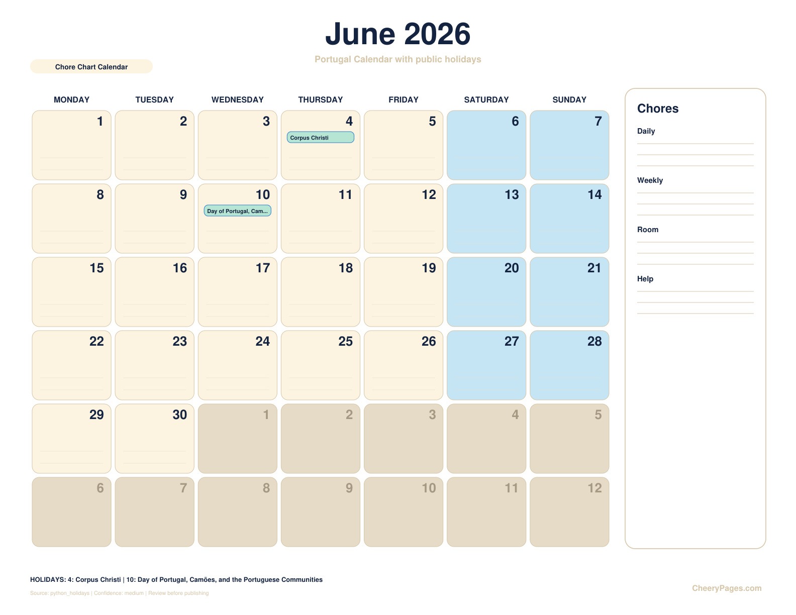 Portugal June 2026 Calendar - Chore Chart Calendar printable preview