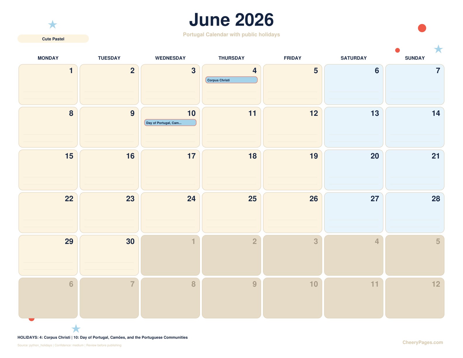 Portugal June 2026 Calendar - Cute Pastel printable preview