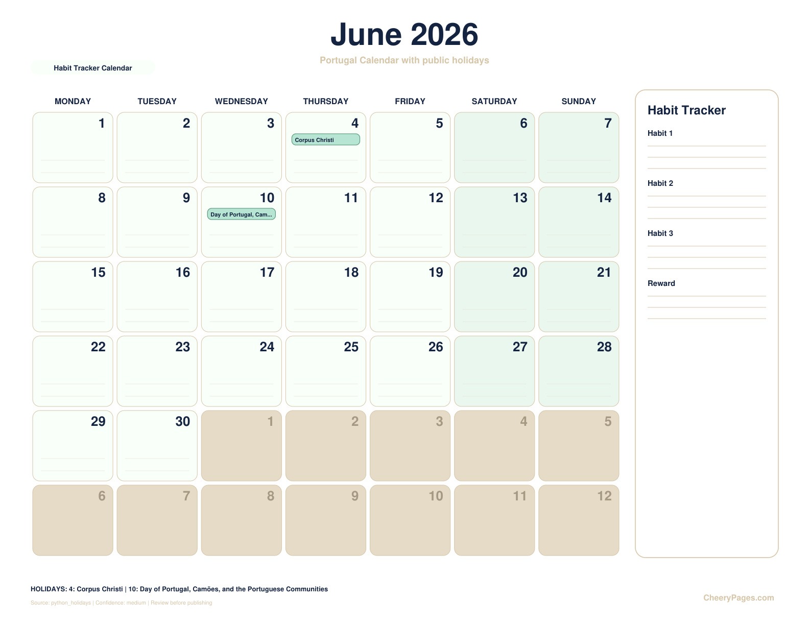 Portugal June 2026 Calendar - Habit Tracker Calendar printable preview