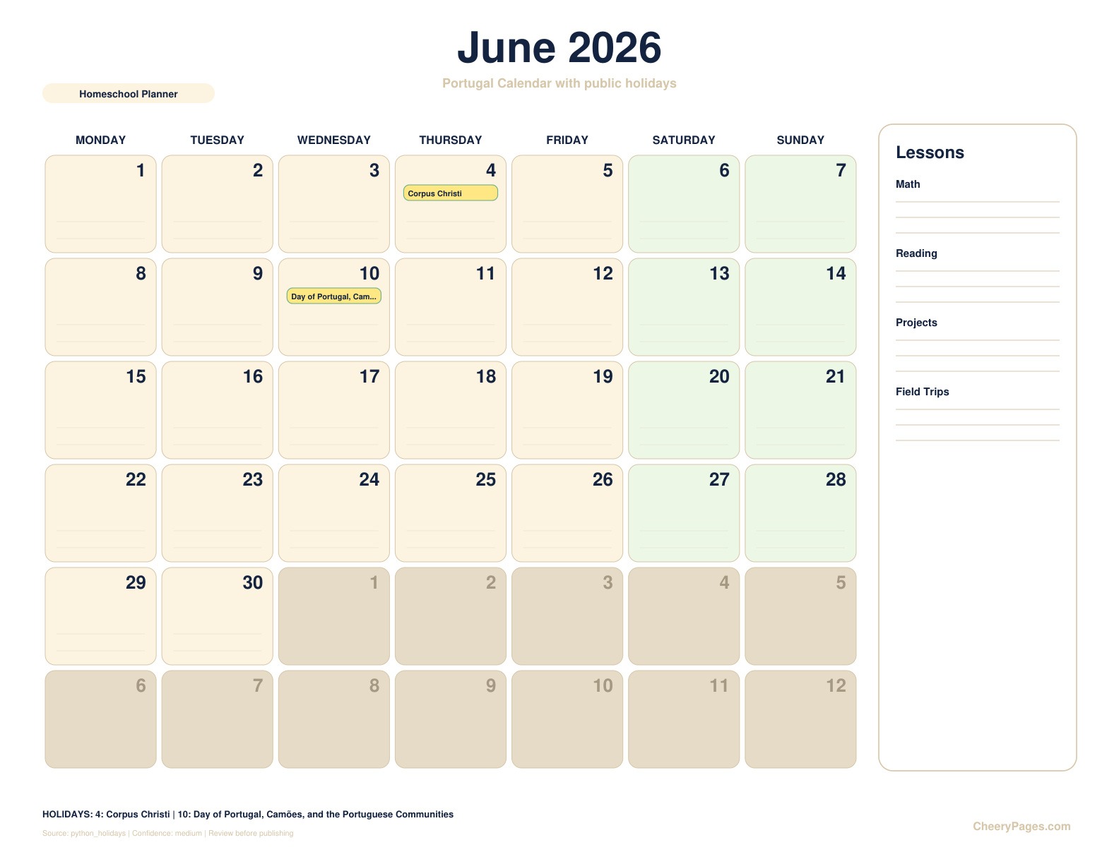Portugal June 2026 Calendar - Homeschool Planner printable preview