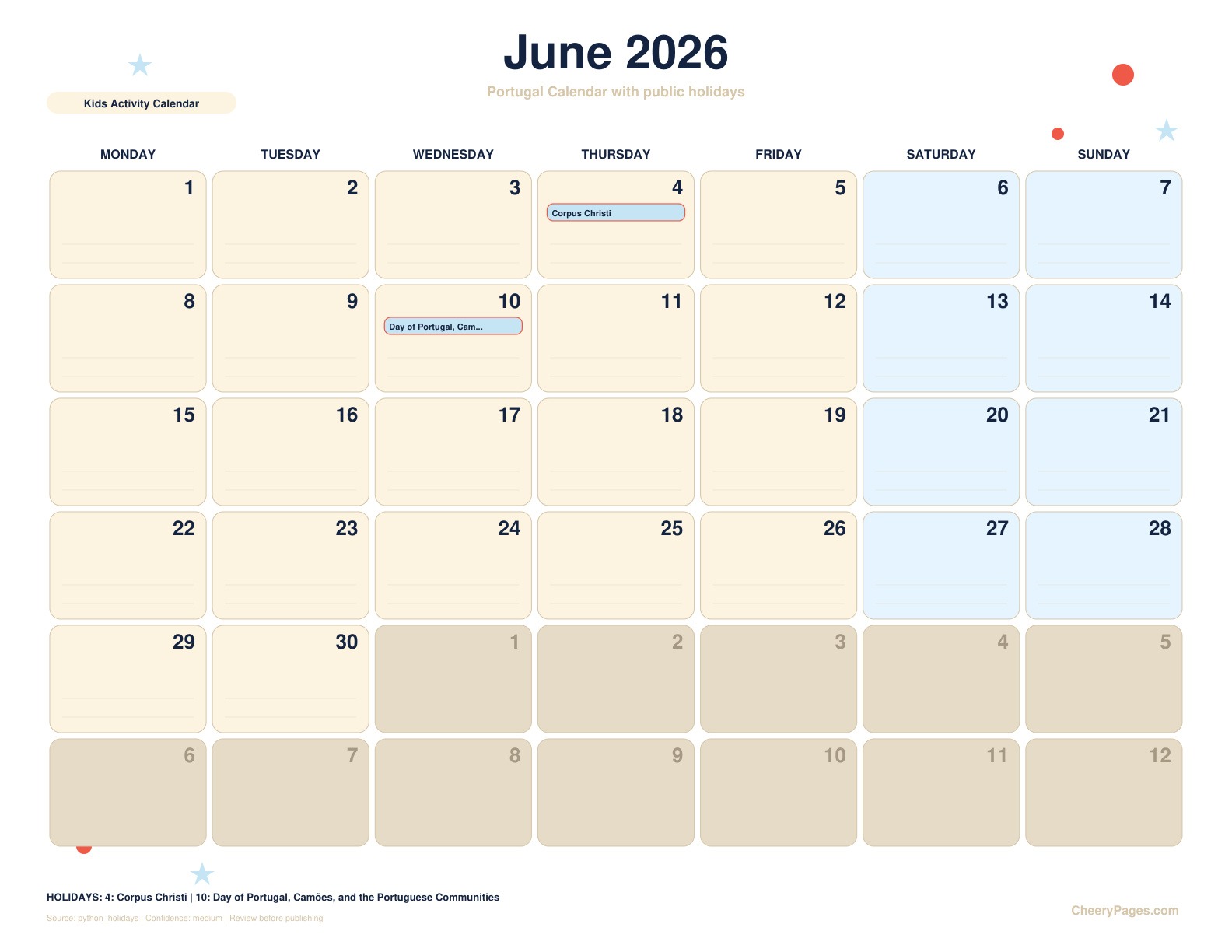 Portugal June 2026 Calendar - Kids Activity Calendar printable preview