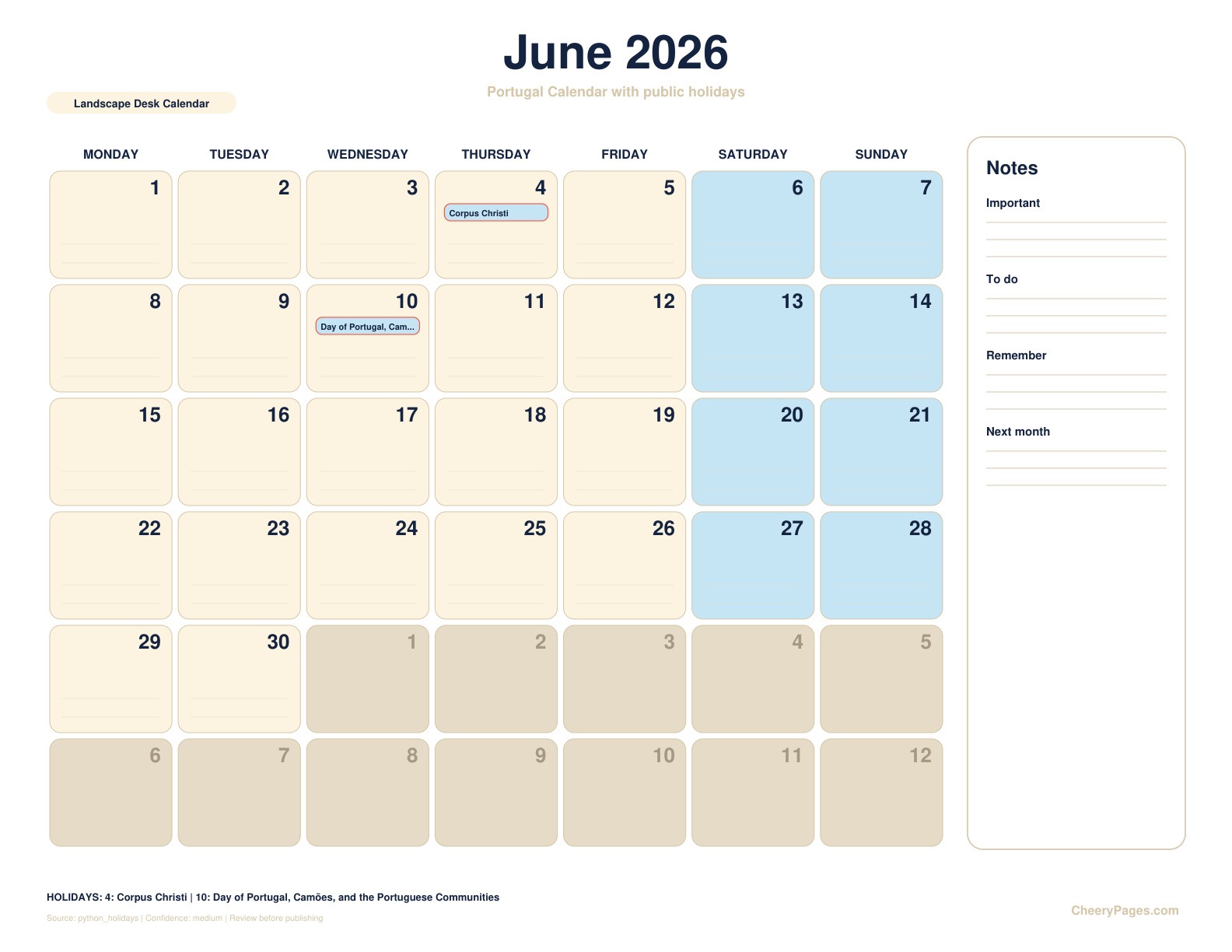 Portugal June 2026 Calendar - Landscape Desk Calendar printable preview